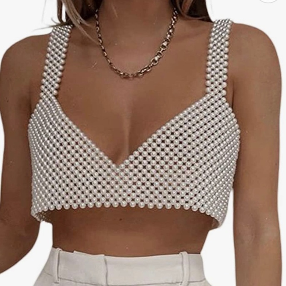 Women Sexy Pearls Beaded Cami Top Pearl Crop Top Spaghetti Strap Bra Cov…